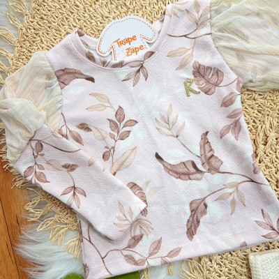 Conj. Blusa Folhagem  Manga Longa com Tule e Short - Rosa e Off White